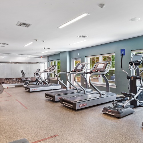 Spacious and well lit fitness center with free weights and cardio equipment.