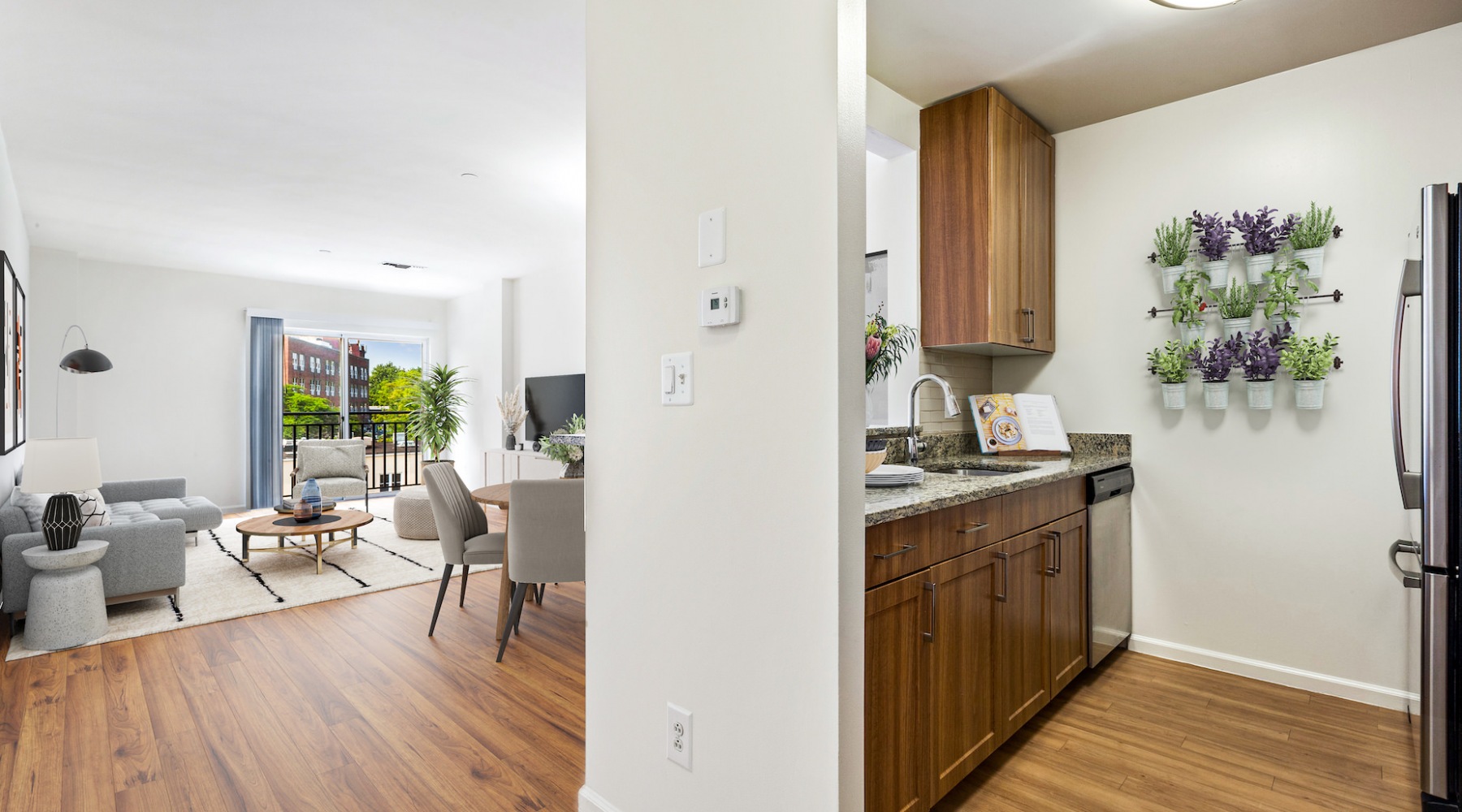 kitchen and living room area